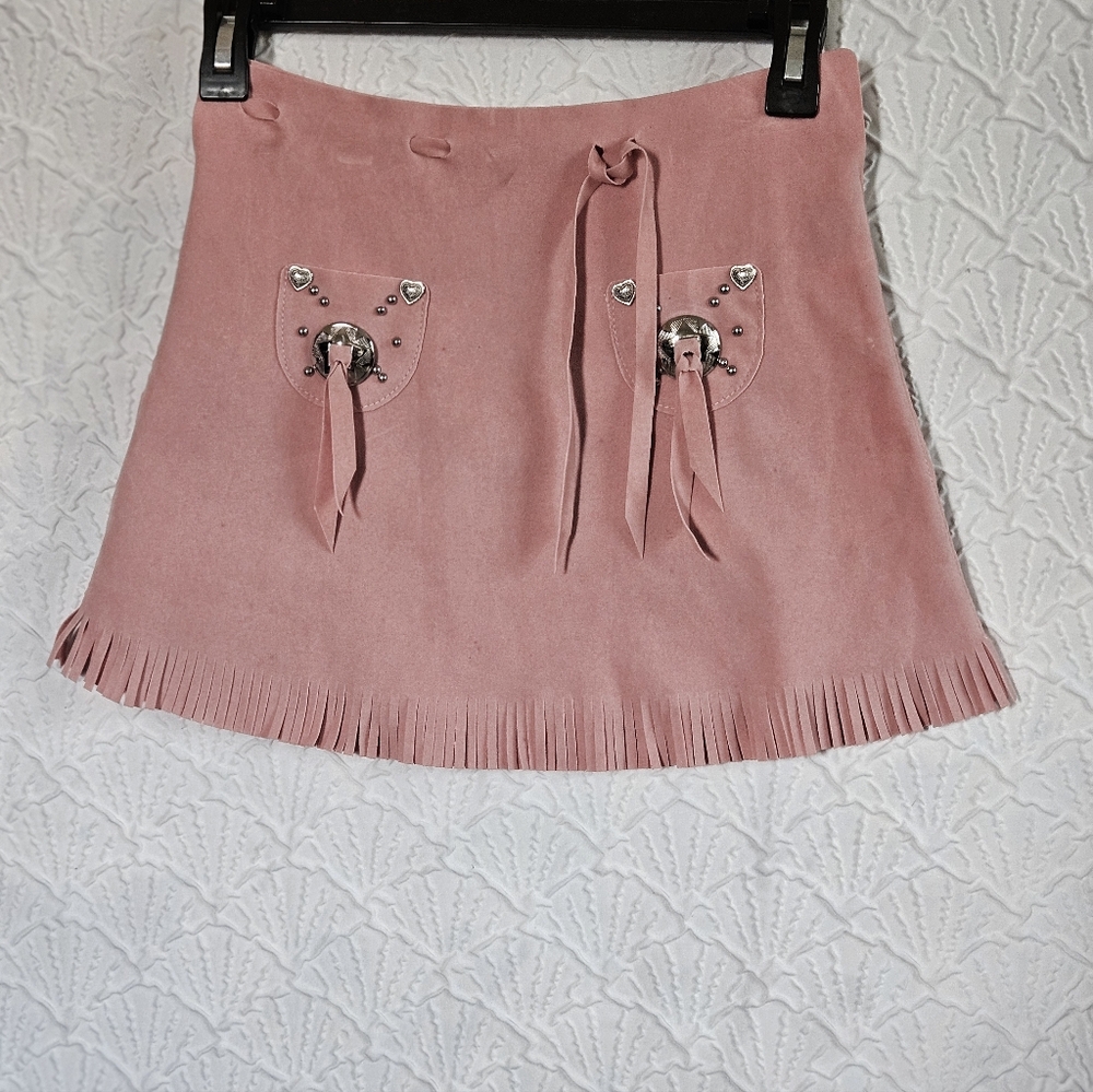 M&F Western Products Pink Faux Suede Polyester Fringe Cowgirl  Skirt Youth Sz M